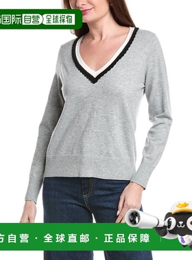 自营CeCe Deep V Contrast Trim Sweater - grey 美国奥莱直发