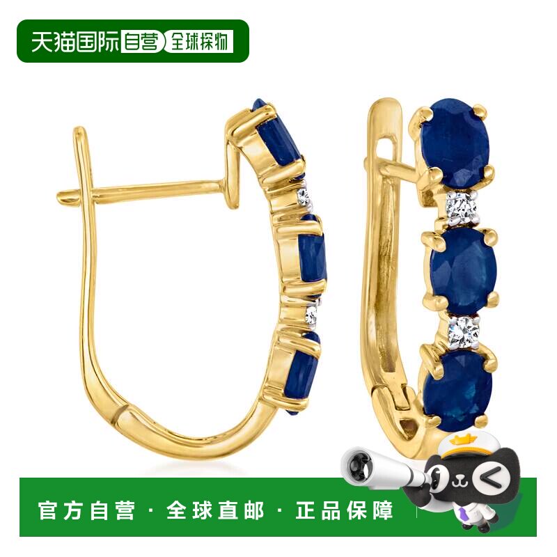 自营 14 克拉黄金 Ross-Simons 蓝宝石和钻石重音圈形耳环 - 蓝色