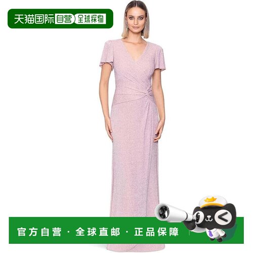 自营xscape披肩裹身连衣裙女式粉红色闪光扭曲前襟飘逸袖派对APP3