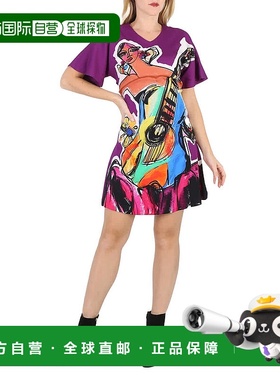 自营 Moschino紫色素描印花双弹力乔其纱连衣裙，品牌尺码38（美4