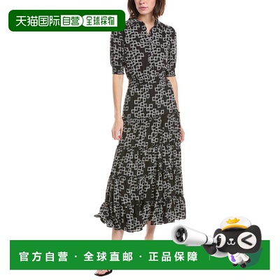自营T Tahari Elbow Sleeve Button Down Tiered Dress - black