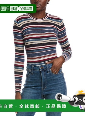 自营 autumn cashmere秋季条纹罗纹褶边羊绒毛衣-蓝色 美国奥莱直