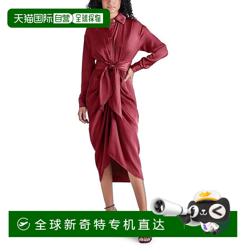 自营Steve Madden Sula女式衬衫连衣裙0红色卷边前襟长袖ERK326-