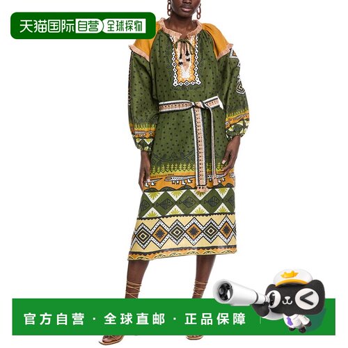 自营FARM Rio Green Creation Linen Midi Dress - green 美国奥
