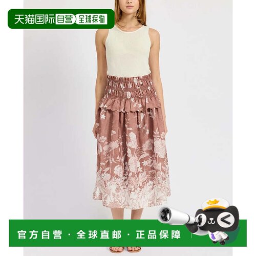 自营En Saison Monet中长裙女式姜黄色白色碎花烟熏PALL132-棕色