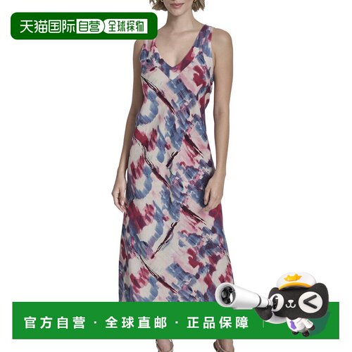 自营DKNY V Neck Panel Printed Linen Midi Dress - pink 美国奥