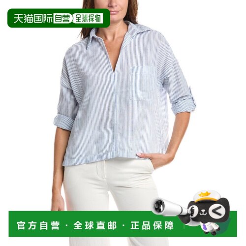 自营Max Studio Tab Sleeve Woven V-Neck Shirt - blue 美国奥莱