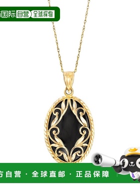 自营 Ross-Simons 椭圆形黑色缟玛瑙和 14 克拉黄金吊坠项链 - 18
