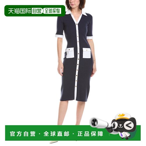自营T Tahari Elbow Sleeve Split Neck Rib Dress - navy 美国奥
