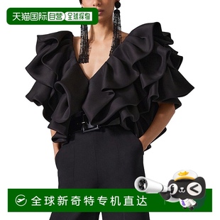 黑色 自营 V领折叠褶边丝绸上衣 Carolina 美国奥莱直发 Herrera