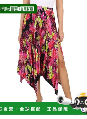 自营 Versace兰花印花褶皱绉纱De Chine Midi裙子-黑色/粉色 美国