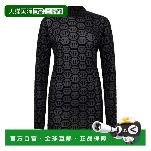 自营philipp pleinTulle长袖迷你连衣裙Monogram提花-黑色 美国奥