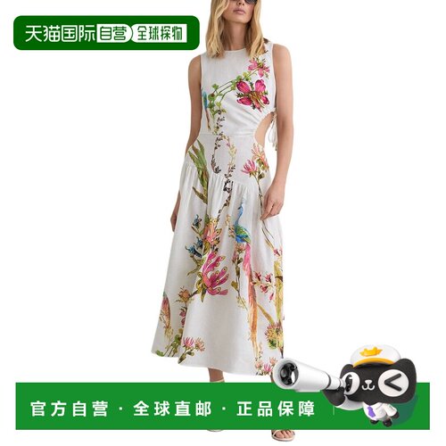 自营Reiss Bianca亚麻花卉印花剪裁中长款连衣裙-象牙色 美国奥莱