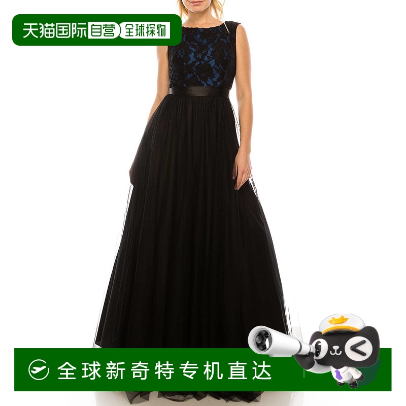 自营aidan mattox黑色靛蓝无袖花朵蕾丝紧身连衣裙 【美国奥莱】