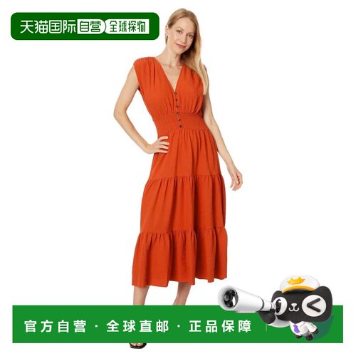 自营Calvin Klein纱布中长连衣裙女粘土弹力v领a线FROG614-橙色