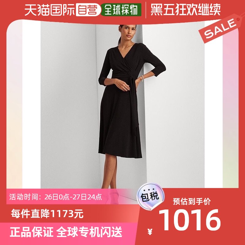 【美国直邮】Ralph Lauren拉夫劳伦女士连衣裙黑色v领清凉透气简