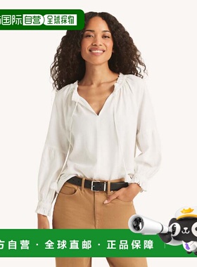 自营Nautica Womens Linen Poet Shirt - bright white 美国奥莱