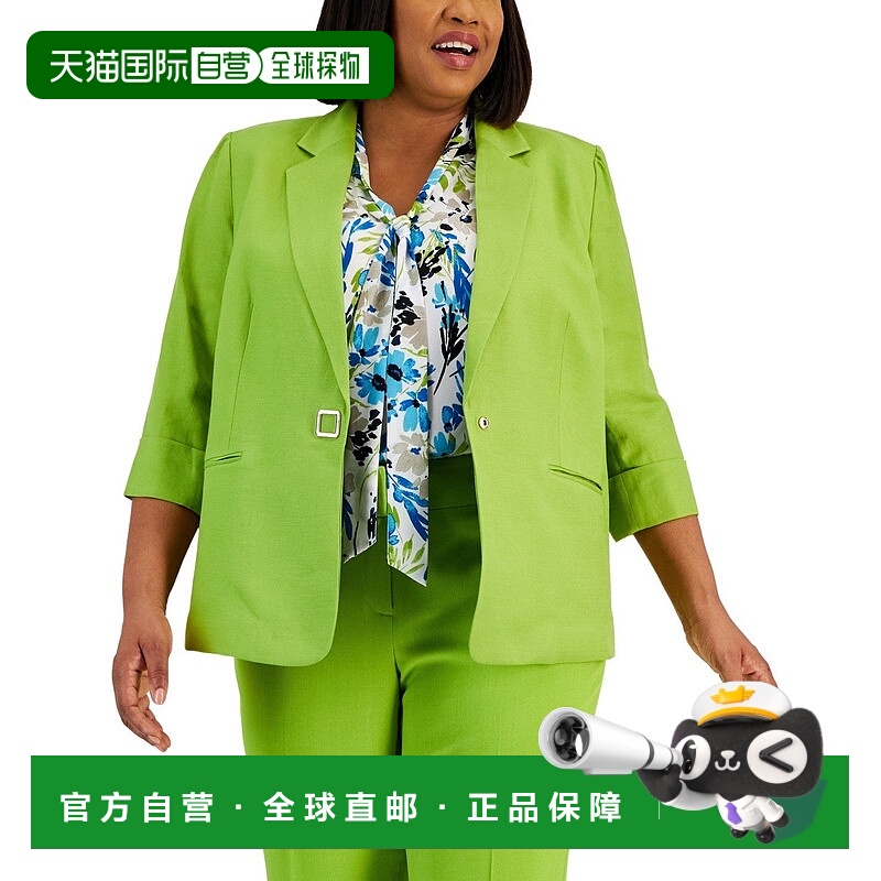自营Kasper Blazer夹克女式猕猴桃衬里亚麻凹口翻领3/4袖FTS1211-