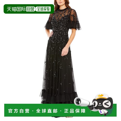 自营Mac Duggal荷叶边碎花装饰Flutter袖子A Line连衣裙-黑色 美