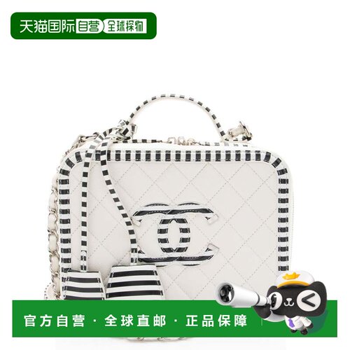 自营Chanel鱼子酱皮革CC Filigree中号化妆盒-黑色，白色 美国奥