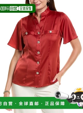 自营 Anne Klein缎面飘逸袖衬衫-红色 美国奥莱直发