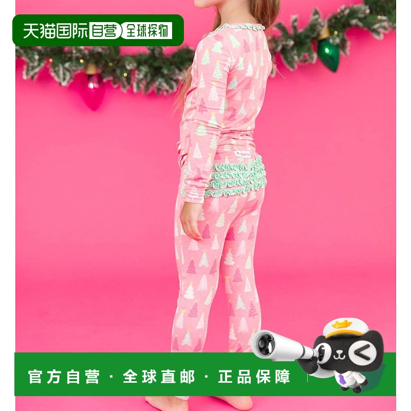 自营rufflebutts女孩 Merry Pines 荷叶边长袖睡衣套装（粉色） -