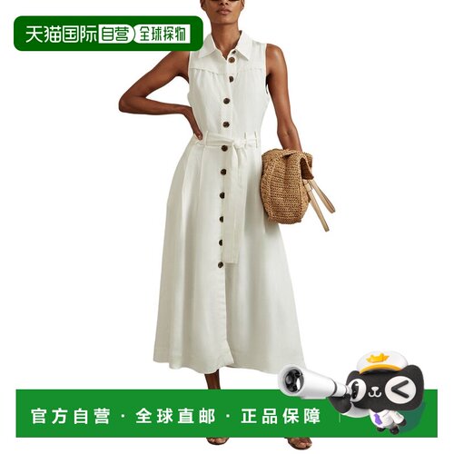 美国直邮自营Reiss Heidi Linen-Blend Belted Midi Dress - whi