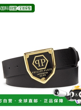 自营philipp pleinLeather Belt Hexagon - black/gold 美国奥莱