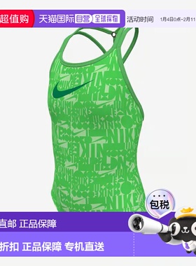 自营Girls Nike Retro Flow Swimsuit Green Swoosh Logo Strapba