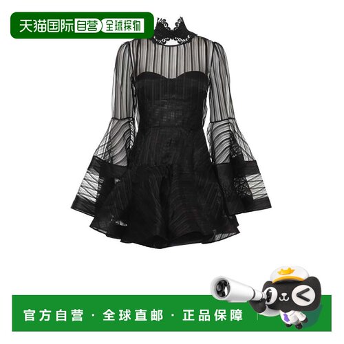 自营zimmermann丝质迷你连衣裙，搭配喇叭袖和蕾丝领-黑色 美国奥