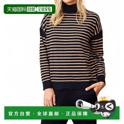 自营majestic filatures有机棉针织弹力条纹立领上衣，黑色/驼色/