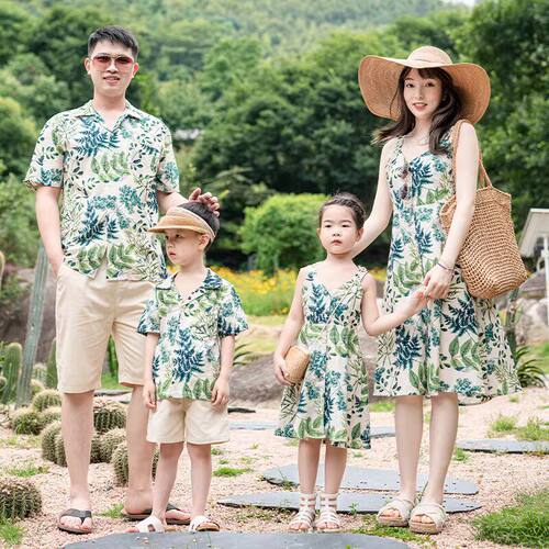 母女连衣裙亲子装夏款一家三口四口拍照海边度假沙滩男童衬衫套装