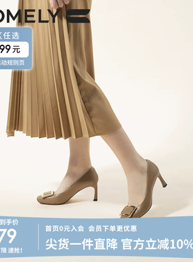 康莉comely牛漆皮细跟方头单鞋女秋新款通勤经典方扣高跟鞋