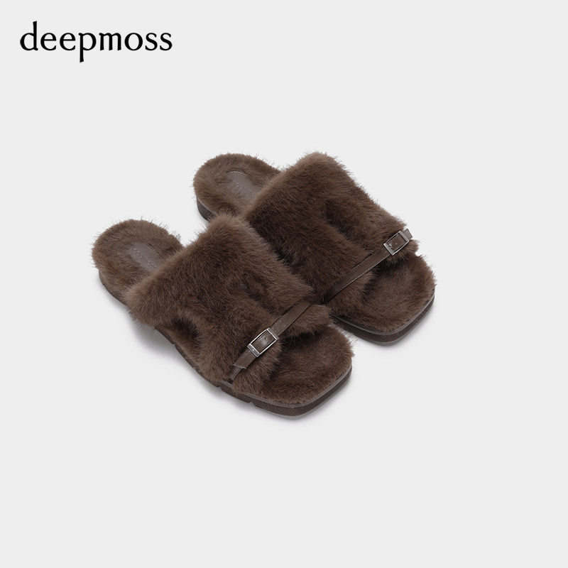 【deepmoss】女士设计感摩卡棕镂空环保皮草罗马拖鞋