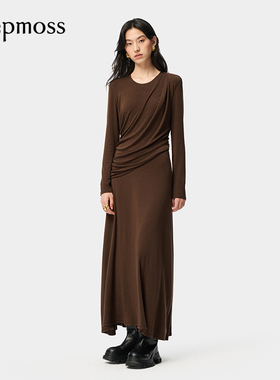 【deepmoss】优雅复古潮流女装时尚休闲气质斜裁堆叠针织连衣裙