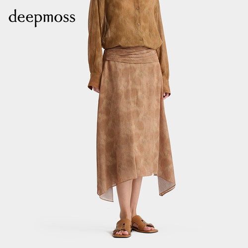 deepmoss陶棕印花褶裥仿麻半裙