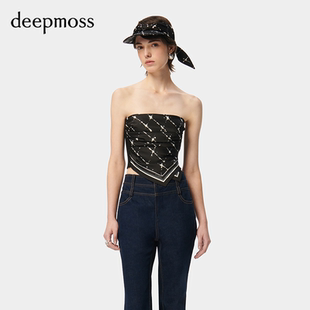 【deepmoss】【明星同款】潮流复古优雅女光晕丝巾抹胸显瘦上衣