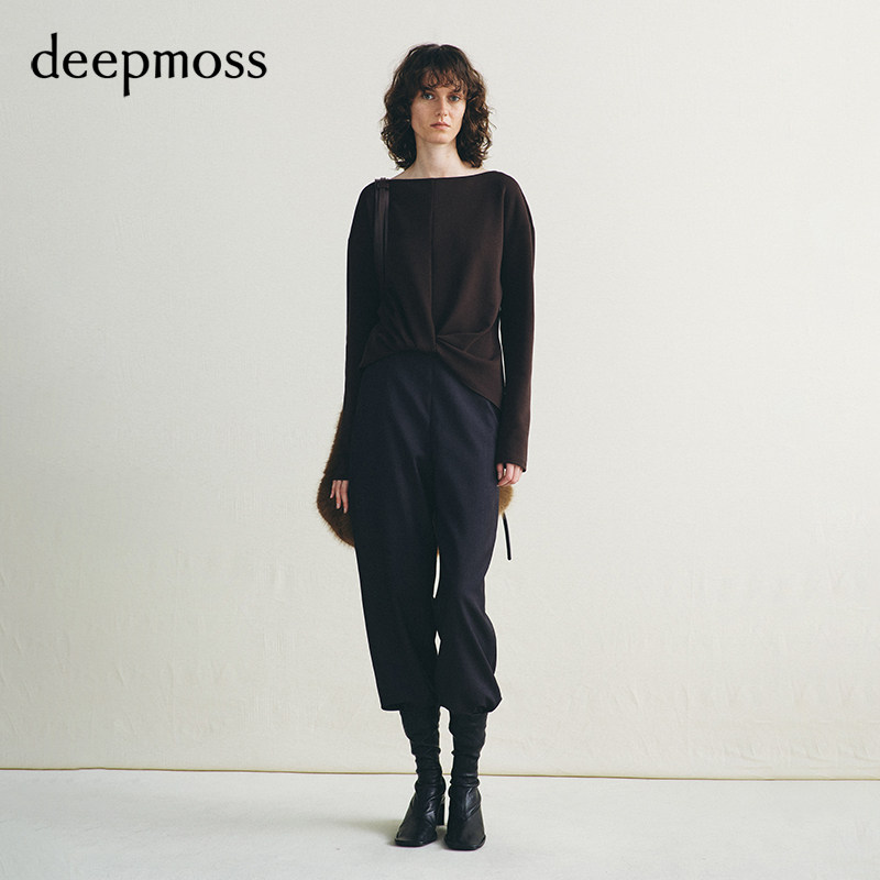 deepmoss衫褐纽结一字领上衣图片