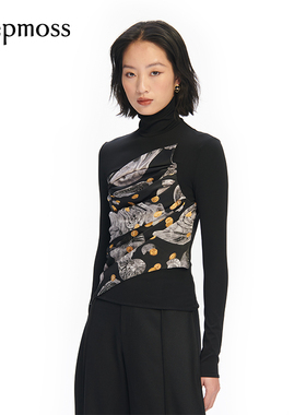 【deepmoss】女装时尚复古潮流海螺化石金币印花拼接T恤上衣