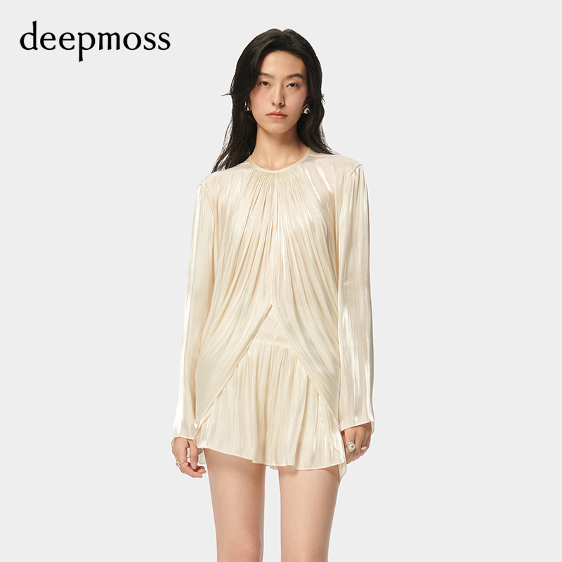 【deepmoss】2024春夏新款女装时尚休闲气质水泽圆领开叉荡褶上衣 女装/女士精品 衬衫 原图主图