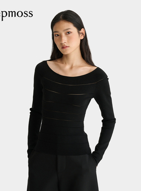 【deepmoss】2025秋冬新款女士设计感时尚雾黑色微透条纹弧领上衣
