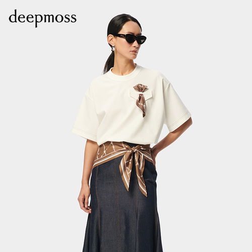 deepmoss光晕丝巾结打褶百搭T恤