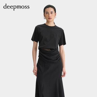 deepmoss雾黑色柔纱拼接荡褶T恤