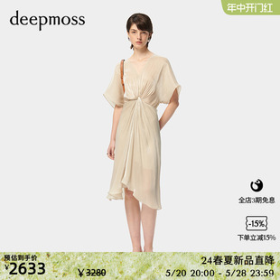 女装 2024春夏新款 休闲水泽扭褶不规则收腰连衣裙 deepmoss 时尚