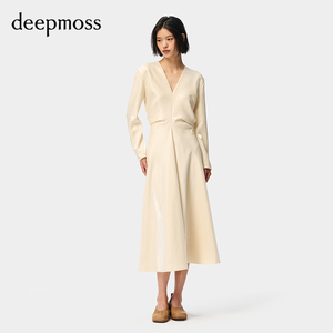 【deepmoss】优雅复古潮流女装时尚气质水泽褶裥收腰长袖连衣裙