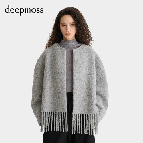 【deepmoss】女士灰色无领纺流苏短款大衣外套