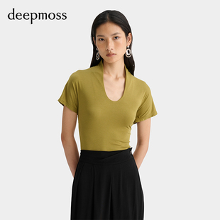 【deepmoss】女士弹力修身U形立领上衣短袖T恤