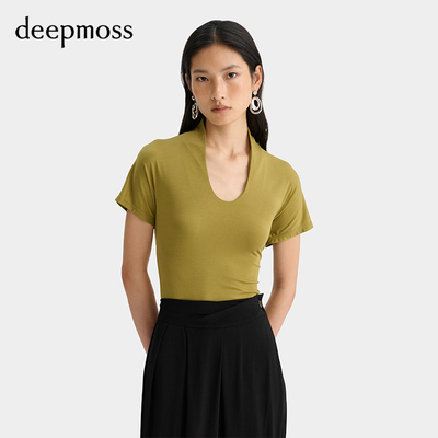 【deepmoss】女士弹力修身U形立领上衣短袖T恤