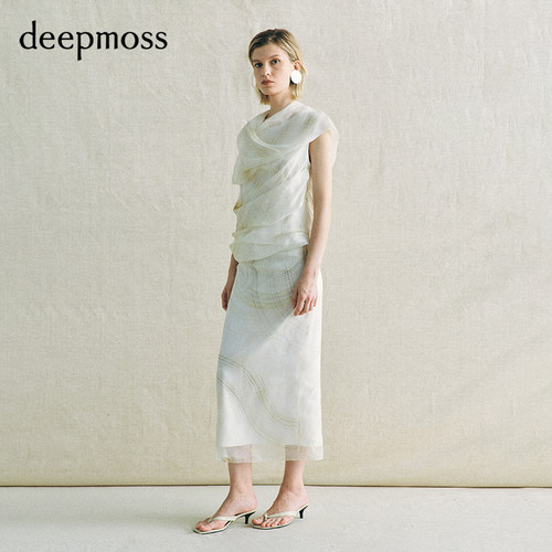 【deepmoss】2026春夏新款贝纹软雕塑抹胸夏午风围纱上衣半裙