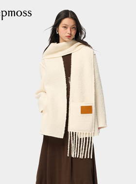 【deepmoss】休闲气质流苏围巾短款绵羊毛羊驼毛混纺毛呢大衣外套